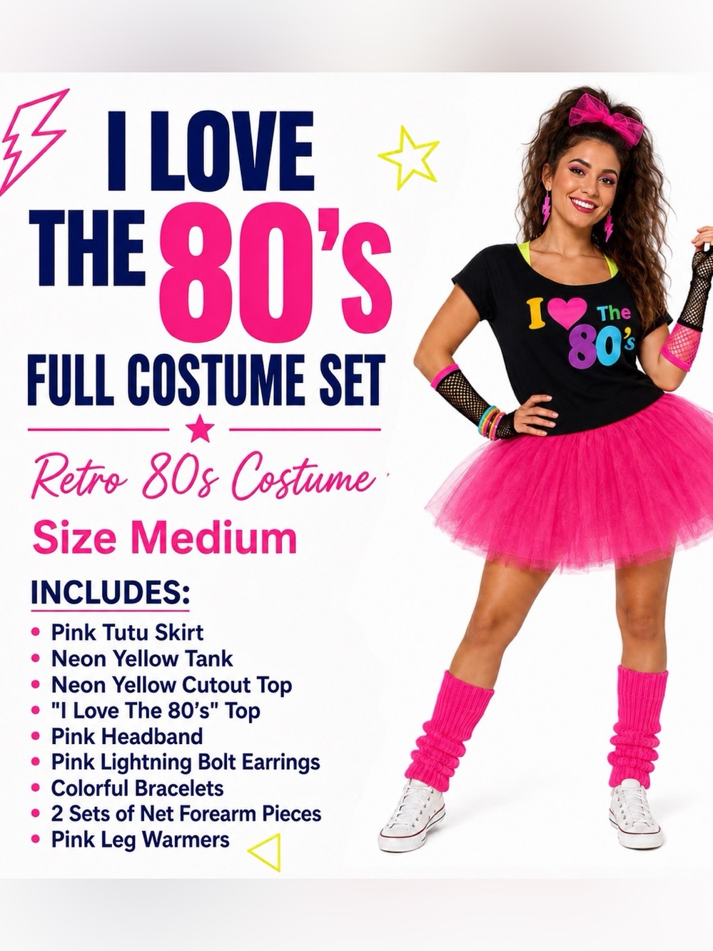 💜 80s Costume Set Size Medium Pink Tutu Retro-FULL SET. I Love the 80’s